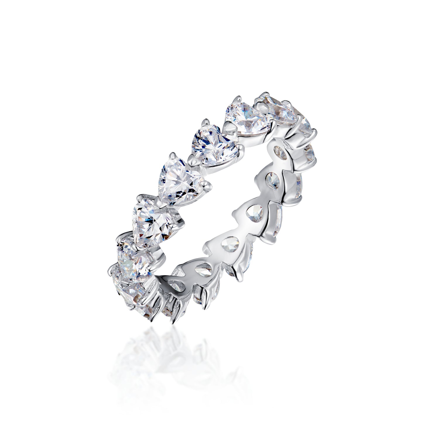 A silver ring with multiple cubic zirconia stones set in a particular pattern.