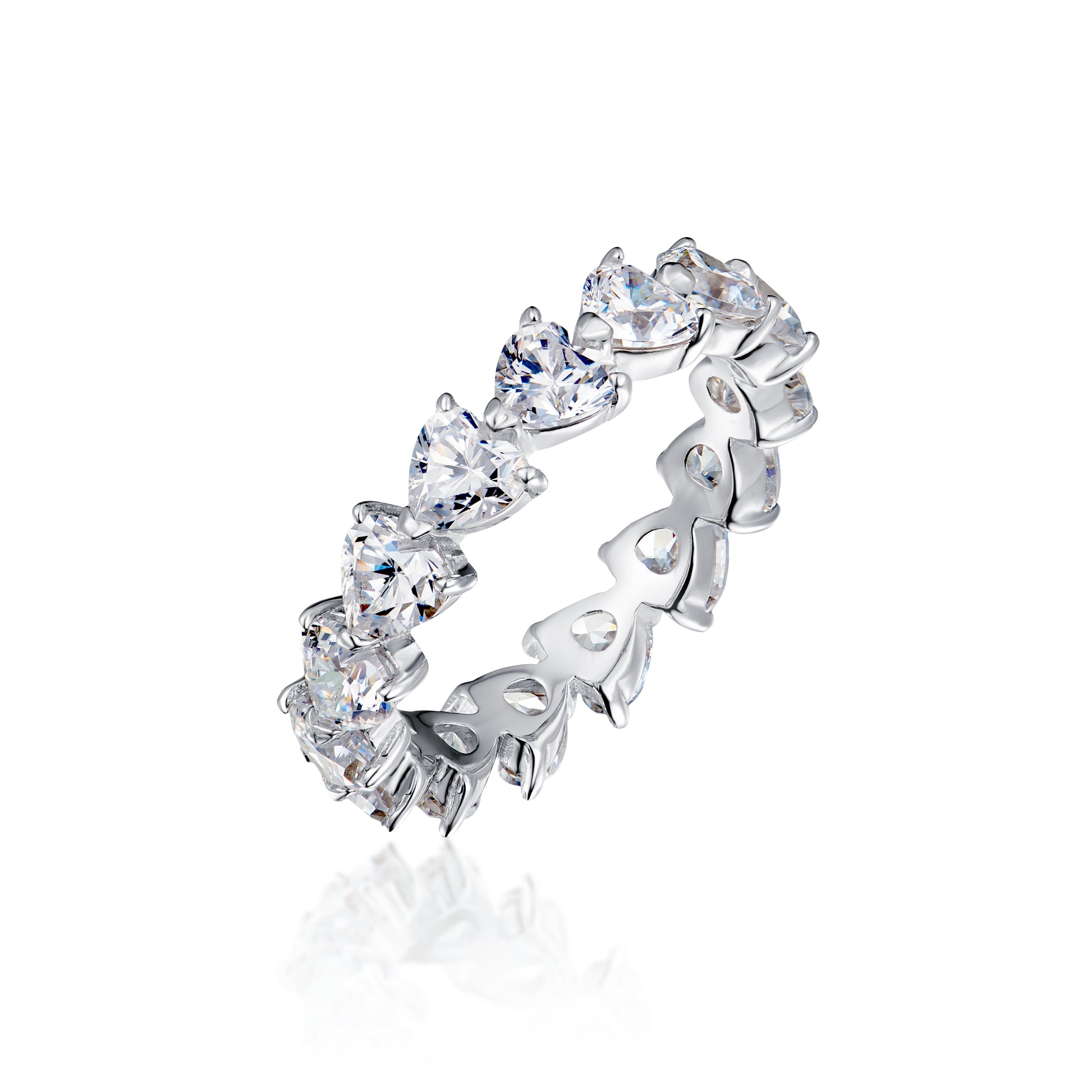 A silver ring with multiple cubic zirconia stones set in a particular pattern.