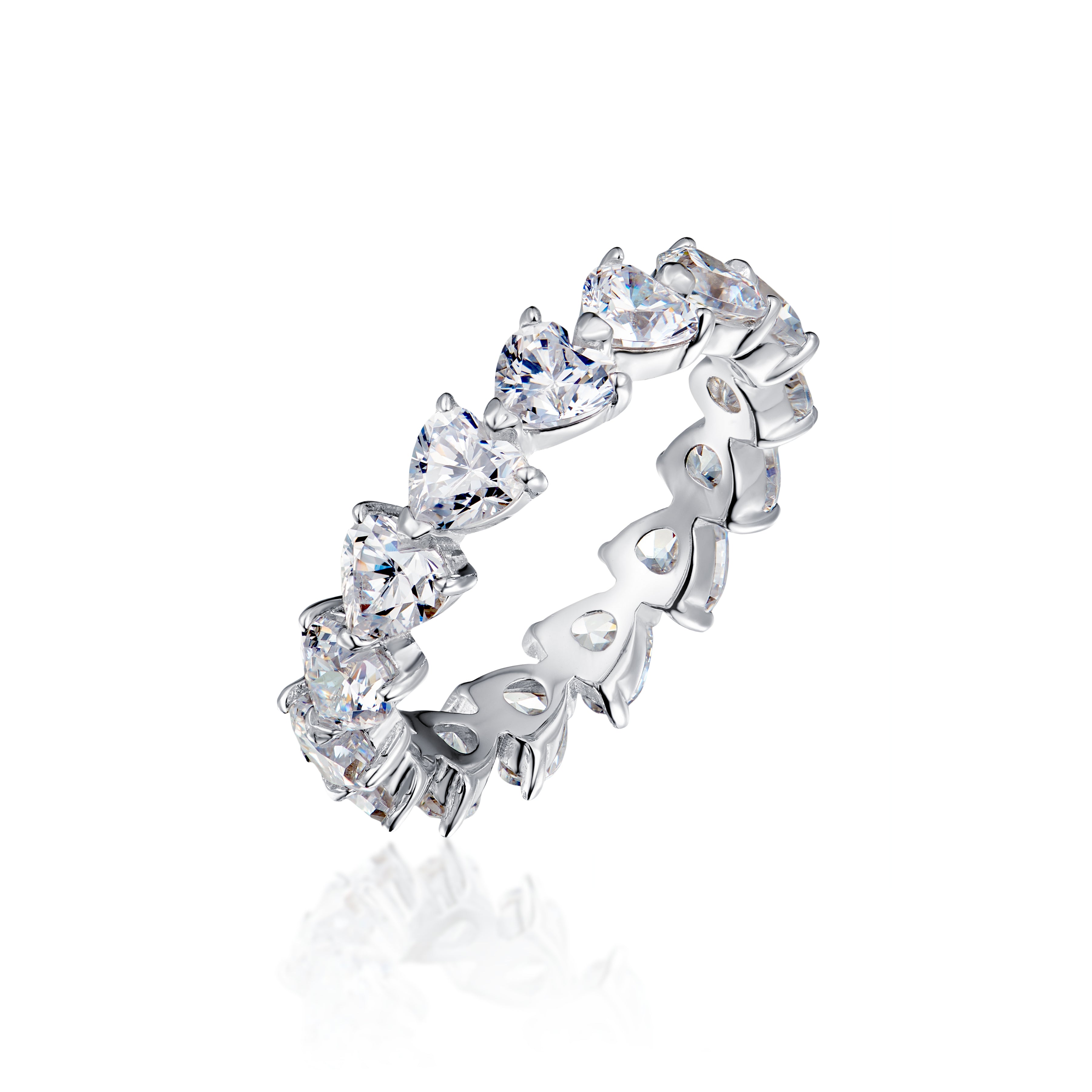 A silver ring with multiple cubic zirconia stones set in a particular pattern.